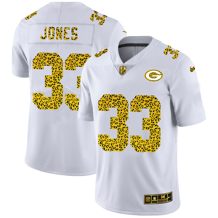 Green Bay Packers #33 Aaron Jones Men Nike Flocked Leopard Print Vapor Limited NFL Jersey White